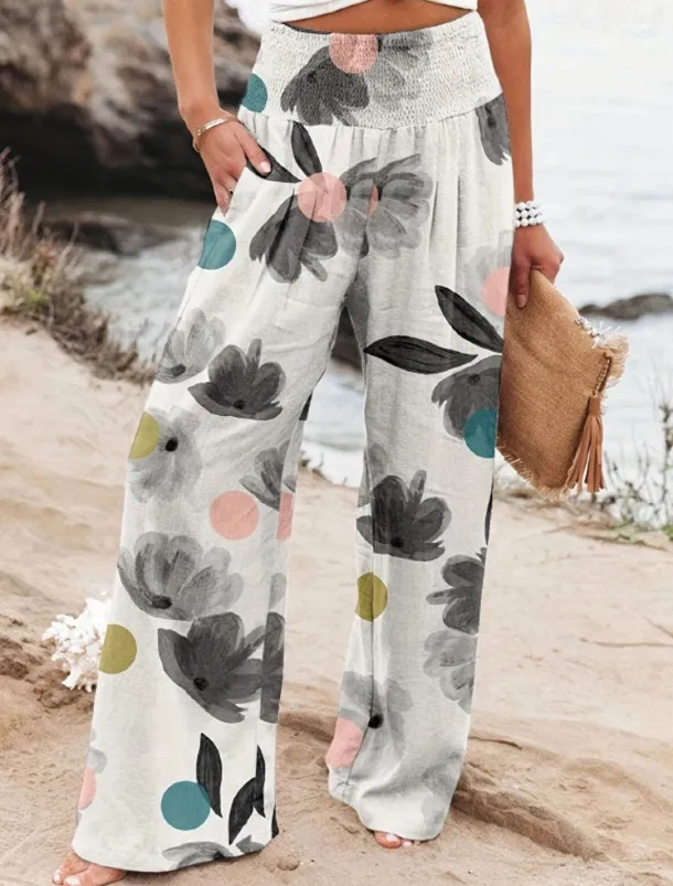 Women's Wide Leg Cotton Linen Pants Slacks Streetwear Casual Full Length Natural Floral Pocket Printing Comfy Outdoor Outdoor Vacation Street Black Grey Orange red Forest Green Depression Green Summer