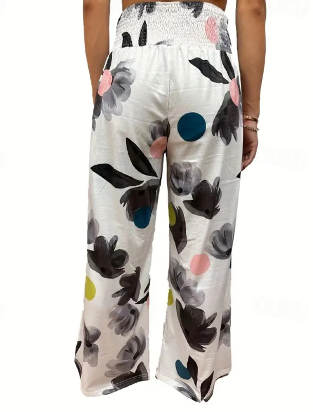 Women's Wide Leg Cotton Linen Pants Slacks Streetwear Casual Full Length Natural Floral Pocket Printing Comfy Outdoor Outdoor Vacation Street Black Grey Orange red Forest Green Depression Green Summer