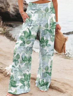 Women's Wide Leg Cotton Linen Pants Slacks Streetwear Casual Full Length Natural Floral Pocket Printing Comfy Outdoor Outdoor Vacation Street Black Grey Orange red Forest Green Depression Green Summer