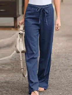 Women's Wide Leg Cotton Linen Pants Pants Trousers Streetwear Casual Long High Waist Plain Pocket High Cut Breathability Soft Micro-elastic Vacation Street Daily Wear Black White Light Green Blue