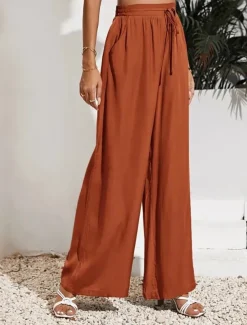 Women's Wide Leg Pants Trousers Casual Daily Long Plain Drawstring Side Pockets Breathability Comfortable Micro-elastic Weekend Black Red Beige Gray Spring & Summer Regular Fit