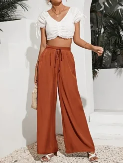 Women's Wide Leg Pants Trousers Casual Daily Long Plain Drawstring Side Pockets Breathability Comfortable Micro-elastic Weekend Black Red Beige Gray Spring & Summer Regular Fit