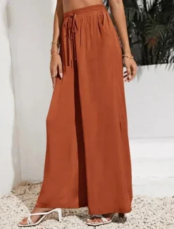 Women's Wide Leg Pants Trousers Casual Daily Long Plain Drawstring Side Pockets Breathability Comfortable Micro-elastic Weekend Black Red Beige Gray Spring & Summer Regular Fit