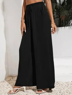 Women's Wide Leg Pants Trousers Casual Daily Long Plain Drawstring Side Pockets Breathability Comfortable Micro-elastic Weekend Black Red Beige Gray Spring & Summer Regular Fit