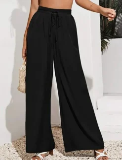 Women's Wide Leg Pants Trousers Casual Daily Long Plain Drawstring Side Pockets Breathability Comfortable Micro-elastic Weekend Black Red Beige Gray Spring & Summer Regular Fit