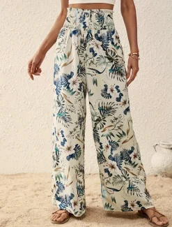 Women's Wide Leg Pants Trousers Casual Daily Long Floral Wide Leg Printing Breathability Comfortable Micro-elastic Vacation Weekend Pink Navy Blue Blue Apricot Spring & Summer Regular Fit