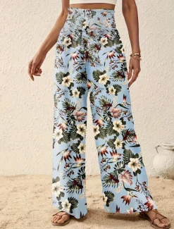 Women's Wide Leg Pants Trousers Casual Daily Long Floral Wide Leg Printing Breathability Comfortable Micro-elastic Vacation Weekend Pink Navy Blue Blue Apricot Spring & Summer Regular Fit