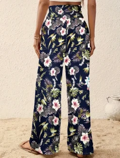 Women's Wide Leg Pants Trousers Casual Daily Long Floral Wide Leg Printing Breathability Comfortable Micro-elastic Vacation Weekend Pink Navy Blue Blue Apricot Spring & Summer Regular Fit