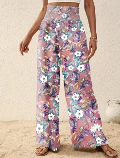 Women's Wide Leg Pants Trousers Casual Daily Long Floral Wide Leg Printing Breathability Comfortable Micro-elastic Vacation Weekend Pink Navy Blue Blue Apricot Spring & Summer Regular Fit
