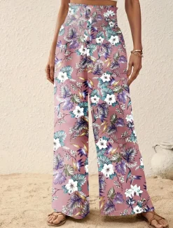 Women's Wide Leg Pants Trousers Casual Daily Long Floral Wide Leg Printing Breathability Comfortable Micro-elastic Vacation Weekend Pink Navy Blue Blue Apricot Spring & Summer Regular Fit