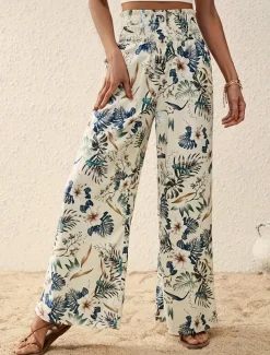 Women's Wide Leg Pants Trousers Casual Daily Long Floral Wide Leg Printing Breathability Comfortable Micro-elastic Vacation Weekend Pink Navy Blue Blue Apricot Spring & Summer Regular Fit