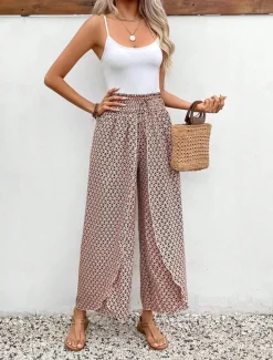 Women's Wide Leg Pants Trousers Streetwear Casual Long High Waist Geometic Pocket Printing Elastic Drawstring Design Breathability Soft Micro-elastic Vacation Street Daily Wear Cuticolor Black White