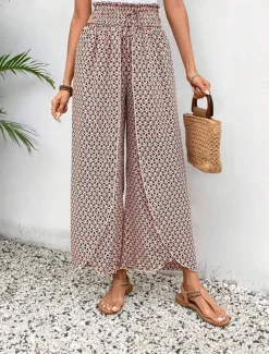 Women's Wide Leg Pants Trousers Streetwear Casual Long High Waist Geometic Pocket Printing Elastic Drawstring Design Breathability Soft Micro-elastic Vacation Street Daily Wear Cuticolor Black White