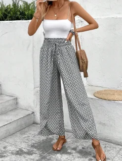 Women's Wide Leg Pants Trousers Streetwear Casual Long High Waist Geometic Pocket Printing Elastic Drawstring Design Breathability Soft Micro-elastic Vacation Street Daily Wear Cuticolor Black White