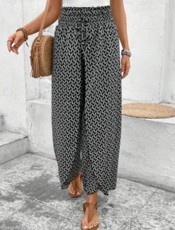 Women's Wide Leg Pants Trousers Streetwear Casual Long High Waist Geometic Pocket Printing Elastic Drawstring Design Breathability Soft Micro-elastic Vacation Street Daily Wear Cuticolor Black White
