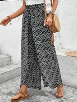 Women's Wide Leg Pants Trousers Streetwear Casual Long High Waist Geometic Pocket Printing Elastic Drawstring Design Breathability Soft Micro-elastic Vacation Street Daily Wear Cuticolor Black White