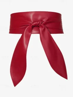 Women's Wide Red Faux Leather Obi Belt – Elegant Waist Cincher with Tie Knot Design for Dresses and Outerwear