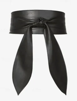 Women's Wide Red Faux Leather Obi Belt – Elegant Waist Cincher with Tie Knot Design for Dresses and Outerwear