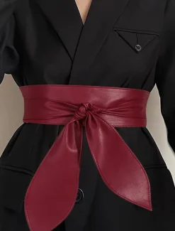 Women's Wide Red Faux Leather Obi Belt – Elegant Waist Cincher with Tie Knot Design for Dresses and Outerwear