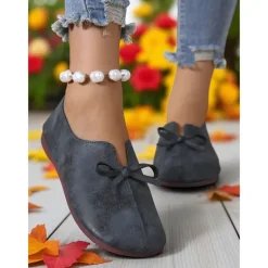 Women's Wide Toe Brown Ballet Flats with Bow Accent – Vintage-Inspired Comfort Shoes for Autumn Walks, Country Gatherings and Daily Commuting