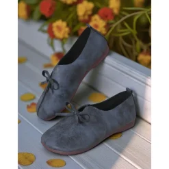 Women's Wide Toe Brown Ballet Flats with Bow Accent – Vintage-Inspired Comfort Shoes for Autumn Walks, Country Gatherings and Daily Commuting