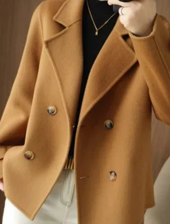 Women's Winter Blazer Coat Fall Double Breasted Lapel Jacket Wool Blend Short Coat with Pockets Warm Black White Camel