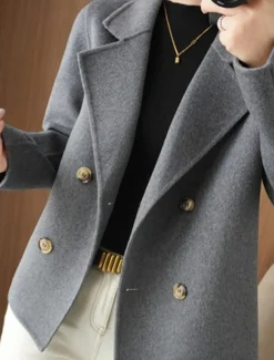 Women's Winter Blazer Coat Fall Double Breasted Lapel Jacket Wool Blend Short Coat with Pockets Warm Black White Camel