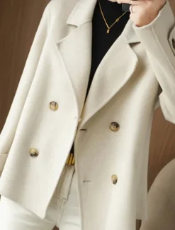 Women's Winter Blazer Coat Fall Double Breasted Lapel Jacket Wool Blend Short Coat with Pockets Warm Black White Camel