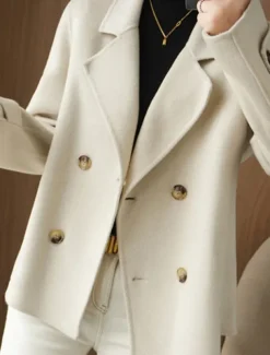 Women's Winter Blazer Coat Fall Double Breasted Lapel Jacket Wool Blend Short Coat with Pockets Warm Black White Camel