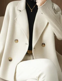 Women's Winter Blazer Coat Fall Double Breasted Lapel Jacket Wool Blend Short Coat with Pockets Warm Black White Camel