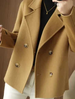 Women's Winter Blazer Coat Fall Double Breasted Lapel Jacket Wool Blend Short Coat with Pockets Warm Black White Camel
