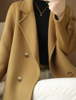 Women's Winter Blazer Coat Fall Double Breasted Lapel Jacket Wool Blend Short Coat with Pockets Warm Black White Camel