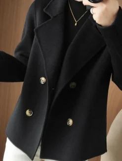 Women's Winter Blazer Coat Fall Double Breasted Lapel Jacket Wool Blend Short Coat with Pockets Warm Black White Camel