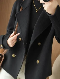 Women's Winter Blazer Coat Fall Double Breasted Lapel Jacket Wool Blend Short Coat with Pockets Warm Black White Camel