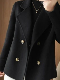 Women's Winter Blazer Coat Fall Double Breasted Lapel Jacket Wool Blend Short Coat with Pockets Warm Black White Camel