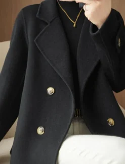 Women's Winter Blazer Coat Fall Double Breasted Lapel Jacket Wool Blend Short Coat with Pockets Warm Black White Camel