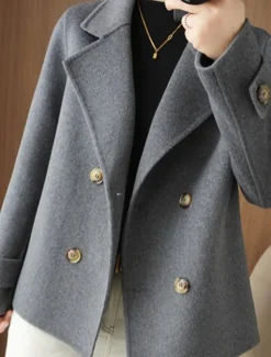 Women's Winter Blazer Coat Fall Double Breasted Lapel Jacket Wool Blend Short Coat with Pockets Warm Black White Camel