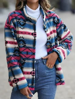 Women's Winter Coat Athleisure Holiday Daily Wear Fall Winter Regular Coat Stand Collar Regular Fit Stylish Casual Jacket Long Sleeve Geometric Slim Fit Blue