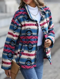 Women's Winter Coat Athleisure Holiday Daily Wear Fall Winter Regular Coat Stand Collar Regular Fit Stylish Casual Jacket Long Sleeve Geometric Slim Fit Blue