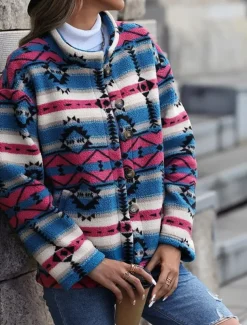 Women's Winter Coat Athleisure Holiday Daily Wear Fall Winter Regular Coat Stand Collar Regular Fit Stylish Casual Jacket Long Sleeve Geometric Slim Fit Blue