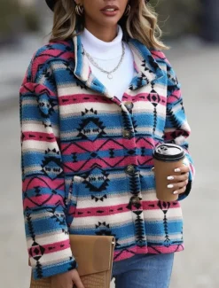 Women's Winter Coat Athleisure Holiday Daily Wear Fall Winter Regular Coat Stand Collar Regular Fit Stylish Casual Jacket Long Sleeve Geometric Slim Fit Blue