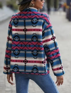 Women's Winter Coat Athleisure Holiday Daily Wear Fall Winter Regular Coat Stand Collar Regular Fit Stylish Casual Jacket Long Sleeve Geometric Slim Fit Blue