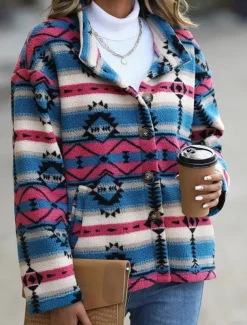 Women's Winter Coat Athleisure Holiday Daily Wear Fall Winter Regular Coat Stand Collar Regular Fit Stylish Casual Jacket Long Sleeve Geometric Slim Fit Blue