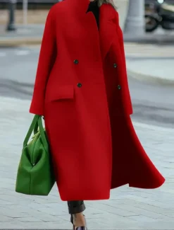Women's Winter Coat Coat Cloak / Capes Windproof Warm Pocket Casual Street Style Plain Vacation Work Street Daily Wear Single Breasted Turndown Loose Fit Long Sleeve Outerwear Red Blue Green Fall