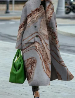 Women's Winter Coat Coat Cloak / Capes Windproof Warm Work Street Daily Wear Vacation Pocket Single Breasted Turndown Casual Street Style Color Marble Gradient Loose Fit Outerwear Fall Winter