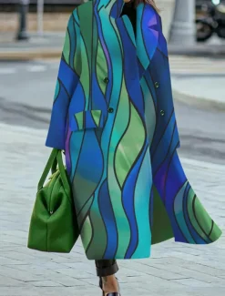 Women's Winter Coat Coat Cloak / Capes Windproof Warm Pocket Casual Street Style Color Block Vacation Work Street Daily Wear Single Breasted Turndown Loose Fit Long Sleeve Outerwear Blue Fall Winter