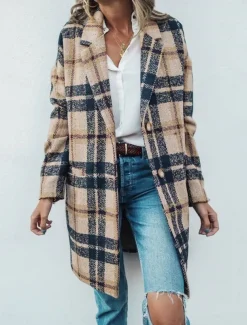 Women's Winter Coat Coat Windproof Warm Pocket Casual Street Style Plaid Vacation Work Street Daily Wear Single Breasted Turndown Loose Fit Long Sleeve Outerwear Apricot Fall Winter