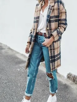 Women's Winter Coat Coat Windproof Warm Pocket Casual Street Style Plaid Vacation Work Street Daily Wear Single Breasted Turndown Loose Fit Long Sleeve Outerwear Apricot Fall Winter