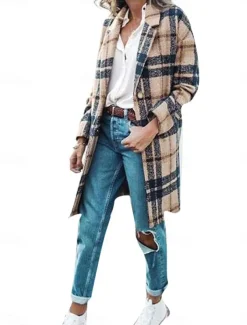Women's Winter Coat Coat Windproof Warm Pocket Casual Street Style Plaid Vacation Work Street Daily Wear Single Breasted Turndown Loose Fit Long Sleeve Outerwear Apricot Fall Winter