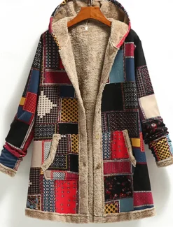 Women's Winter Coat Daily Spring Fall Winter Regular Coat Regular Fit Stylish Vintage Style Jacket Long Sleeve Print Color Block Print Red Green